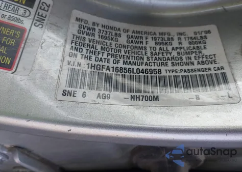 2006 Honda Civic Ex from USA, damaged, VIN 1HGFA16856L046958